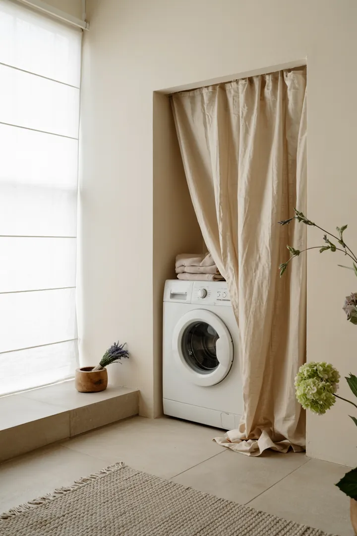 Moderne Haushaltsgeräte harmonisch in eine Wand integriert, um Platz zu sparen und eine saubere, aufgeräumte Atmosphäre zu schaffen. Ideal für kleine Räume.