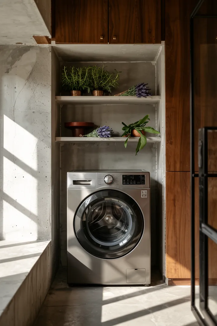 Eine stilvolle und platzsparende Lösung zeigt eine moderne Waschmaschine, die geschickt in eine Wandnische integriert ist, um den Raum optimal zu nutzen.