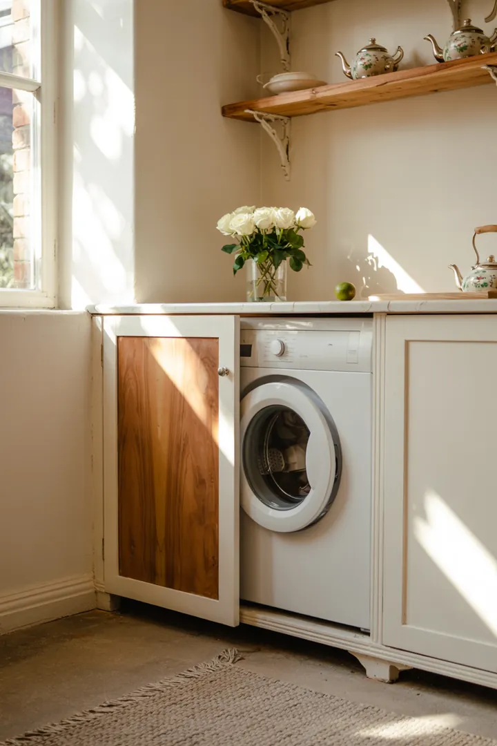 Ein elegantes Küchendesign, in dem eine Haushaltsmaschine geschickt hinter einer stilvollen Möbeltür verborgen ist, sorgt für Ordnung und Ästhetik.