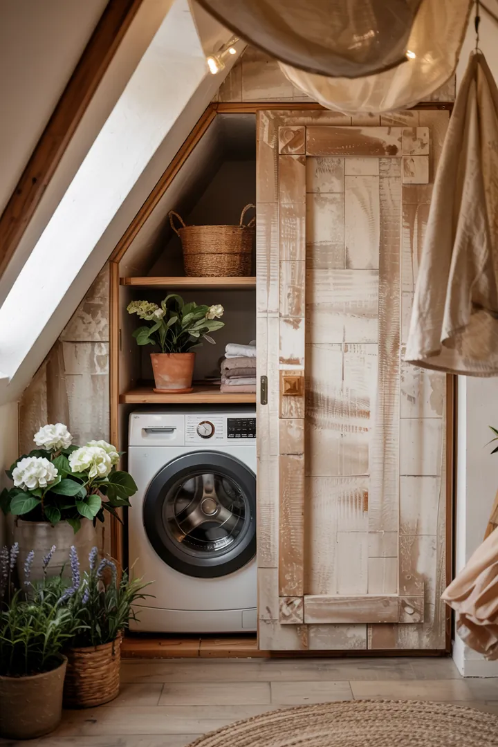 Ein eleganter Raum mit einem clever versteckten Haushaltsgerät, das durch eine geschickte Möbeltür perfekt in die Umgebung integriert ist.