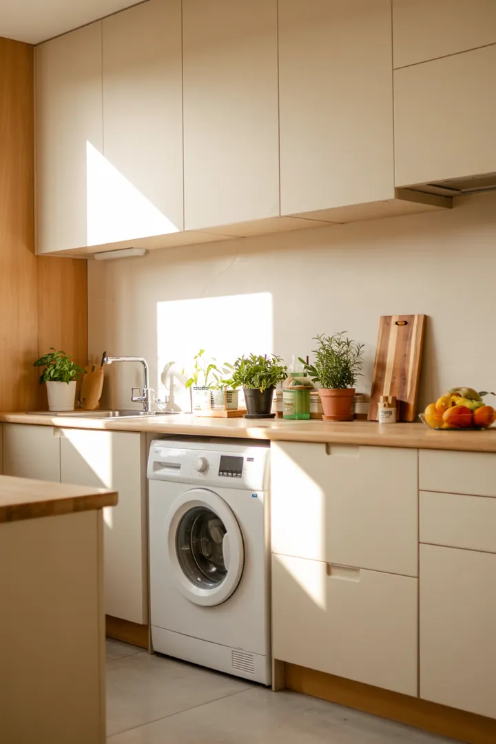 Ein stilvolles Badezimmer mit einer integrierten Waschmaschine, die geschickt hinter einer eleganten Möbeltür verborgen ist, sorgt für ein aufgeräumtes Ambiente.