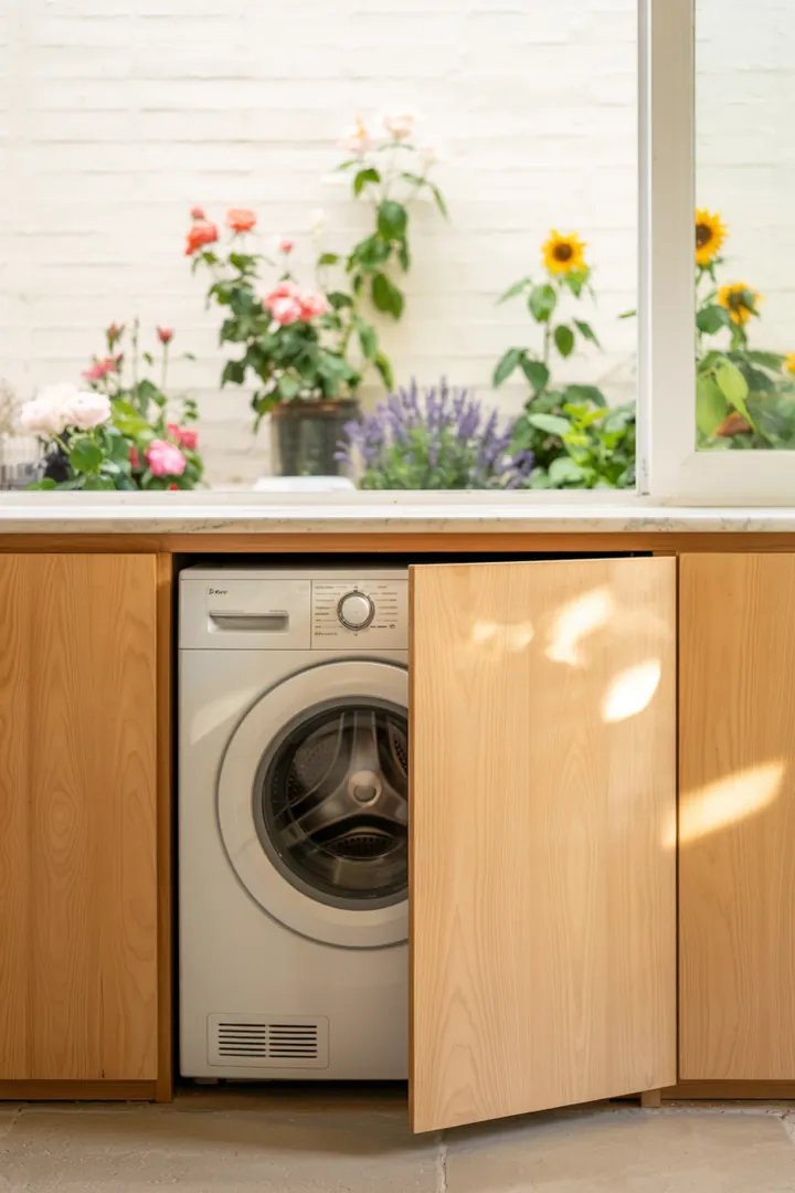 Ein elegantes Möbelstück, das geschickt eine Haushaltsmaschine verbirgt und so für Ordnung in der Wohnung sorgt. Ideal für moderne Wohnkonzepte.