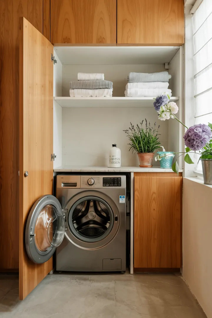 Ein elegantes Wohnambiente, in dem eine Haushaltsmaschine geschickt hinter einer stilvollen Möbeltür verborgen ist, sorgt für einen aufgeräumten Raum.