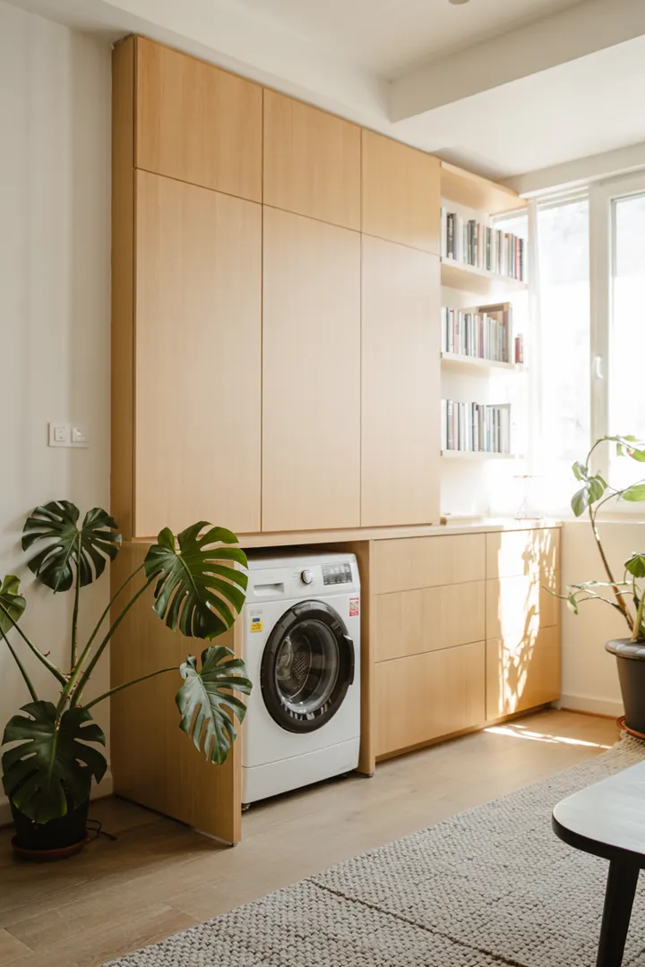 Eine elegante Lösung, um Haushaltsgeräte zu verstecken, indem eine Möbeltür angebracht wird, die das Gerät nahtlos integriert und den Raum aufwertet.