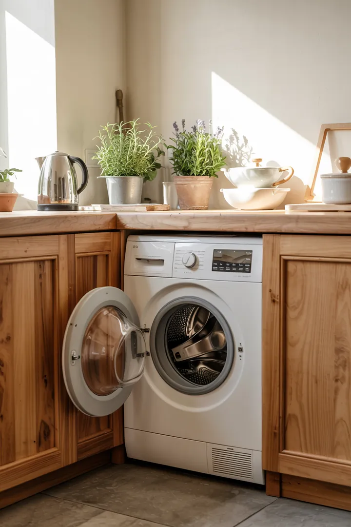 Ein elegantes Möbelstück, das geschickt eine Haushaltsmaschine verbirgt und nahtlos in die Raumgestaltung integriert ist.