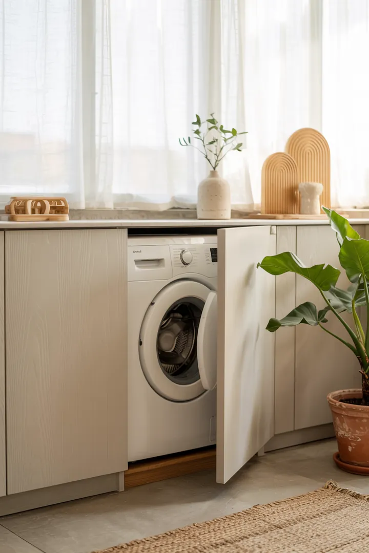 Ein geschickter Raum mit einer eleganten Verkleidung, die das Haushaltsgerät harmonisch in die Möblierung integriert und so für einen aufgeräumten Look sorgt.