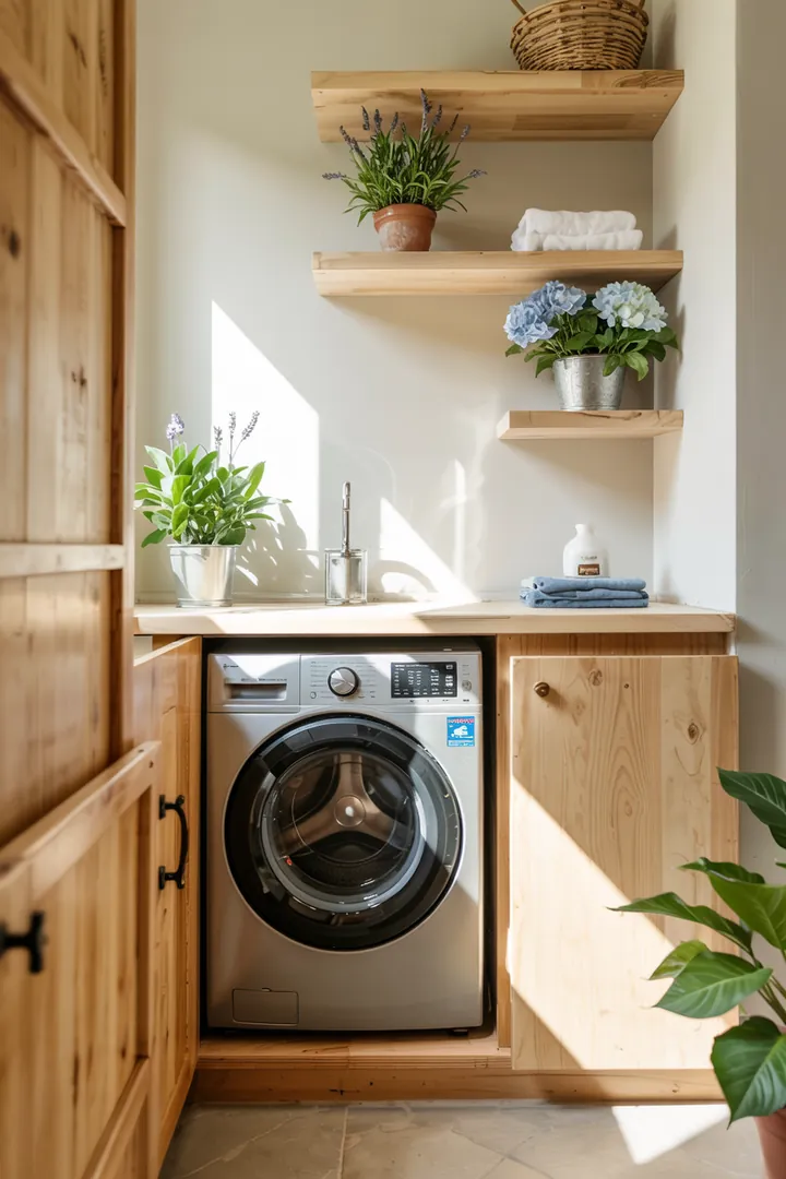 Praktische Lösung zur Integration von Haushaltsgeräten in den Wohnraum, indem die Waschmaschine elegant hinter einer Möbeltür verborgen wird.