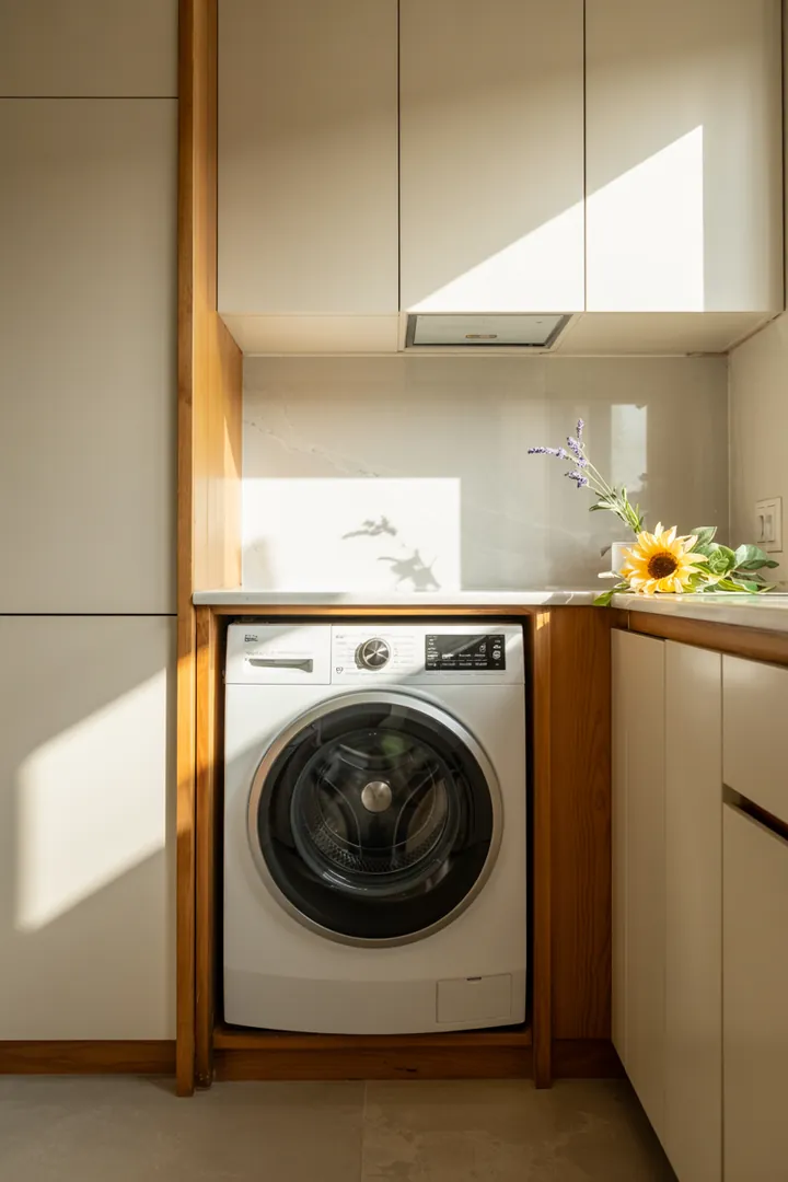 Eine stilvolle Möbeltür, die geschickt die Maschinenfront verdeckt, sorgt für ein harmonisches Raumdesign und versteckt die Waschmaschine elegant.