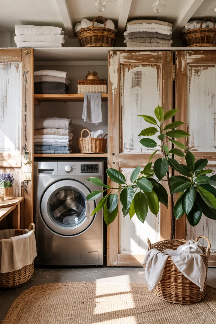 Ein elegantes Möbelstück, das eine Waschmaschine geschickt versteckt und für ein harmonisches Wohnambiente sorgt. Ideal für moderne Räume.