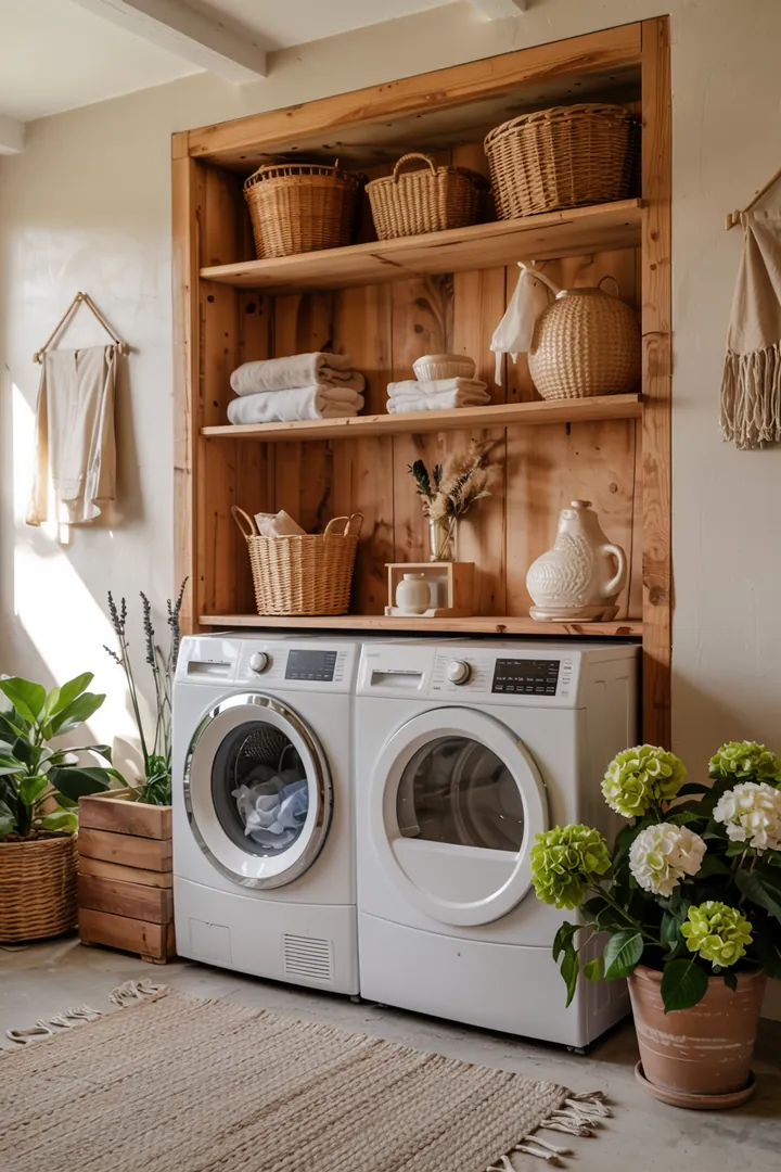 Ein elegantes, platzsparendes Design kombiniert Waschmaschine und Trockner in einer stilvollen Säulenanordnung in einem modernen Raum.