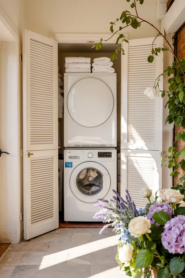 Ein stilvoller Haushaltsraum zeigt einen innovativen Turm aus einem kombinierten Gerät, das sowohl Wäsche reinigt als auch trocknet, und perfekt in die moderne Einrichtung integriert ist.