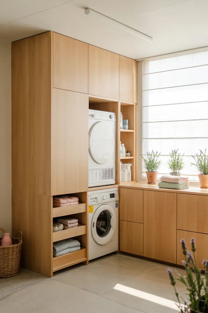 Ein stilvolles Wohnkonzept, in dem ein innovatives Gerätetrio als platzsparende Lösung dient, um Waschmaschine und Trockner elegant zu integrieren.