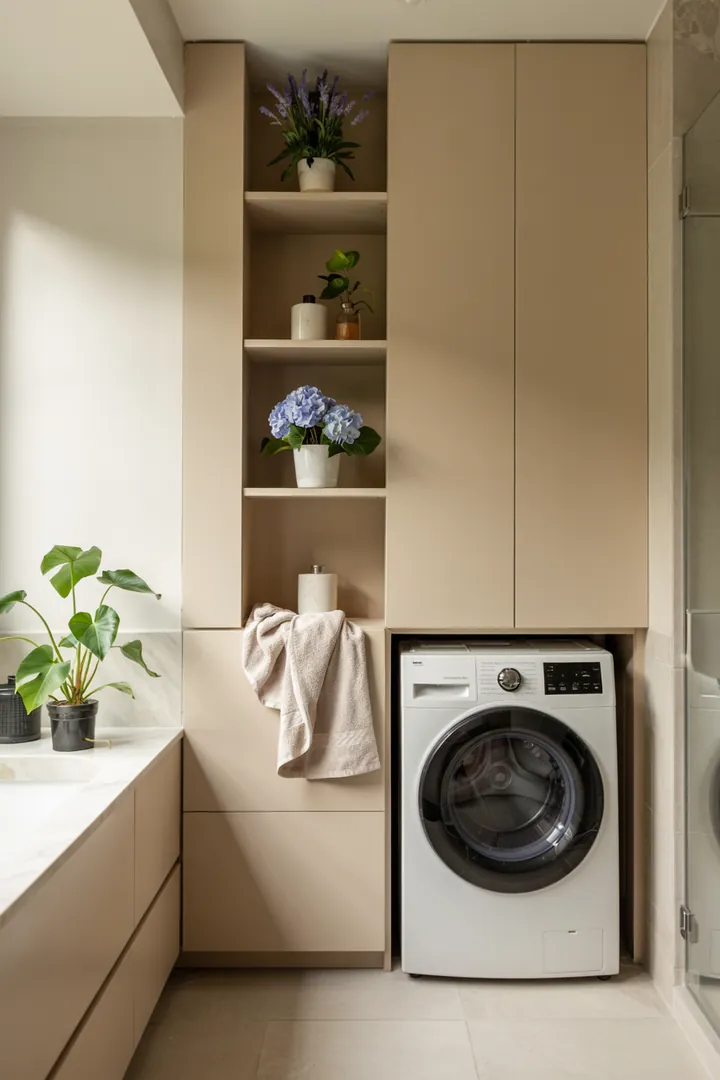 Ein stilvolles, modernes Möbelstück, das eine Waschmaschine und einen Trockner elegant übereinander integriert, um Platz zu sparen und den Raum aufgeräumt wirken zu lassen.