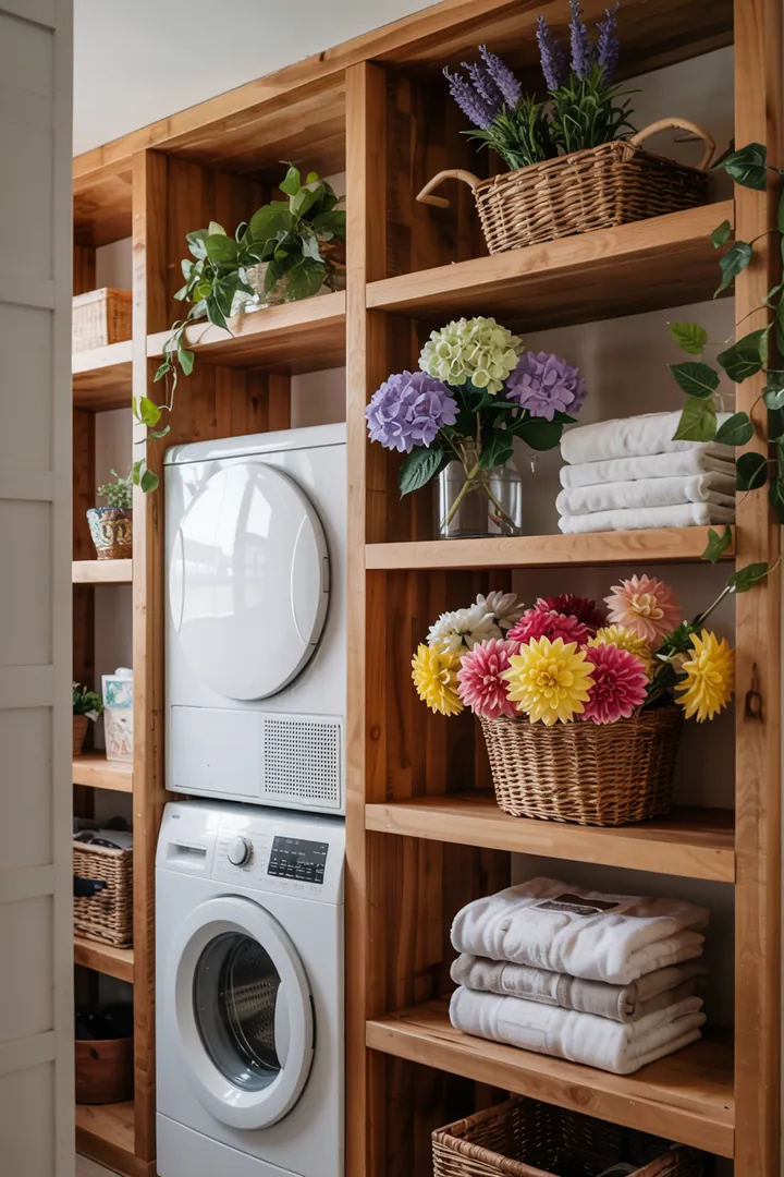 Ein eleganter Haushaltsraum mit einem cleveren Design, in dem ein Waschgerät und ein Trockengerät übereinander angeordnet sind, um Platz zu sparen und eine stilvolle Lösung zu bieten.