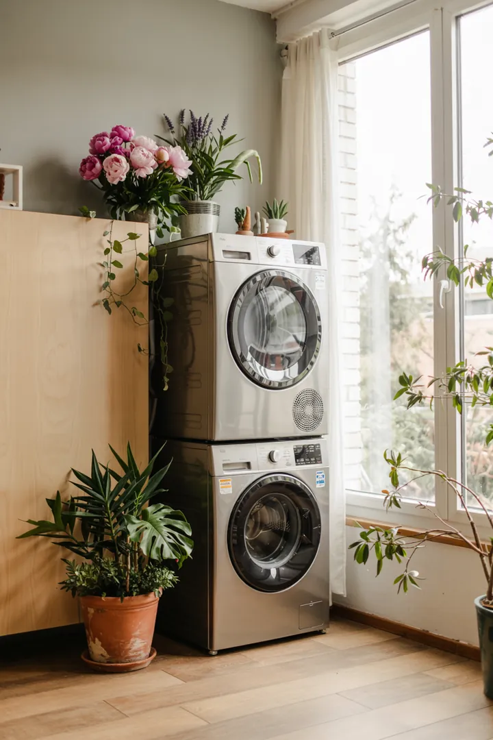 Ein stilvolles Möbelstück, das geschickt eine Waschmaschine und einen Trockner in Form eines eleganten Türmchens integriert, ideal für platzsparendes Wohnen.