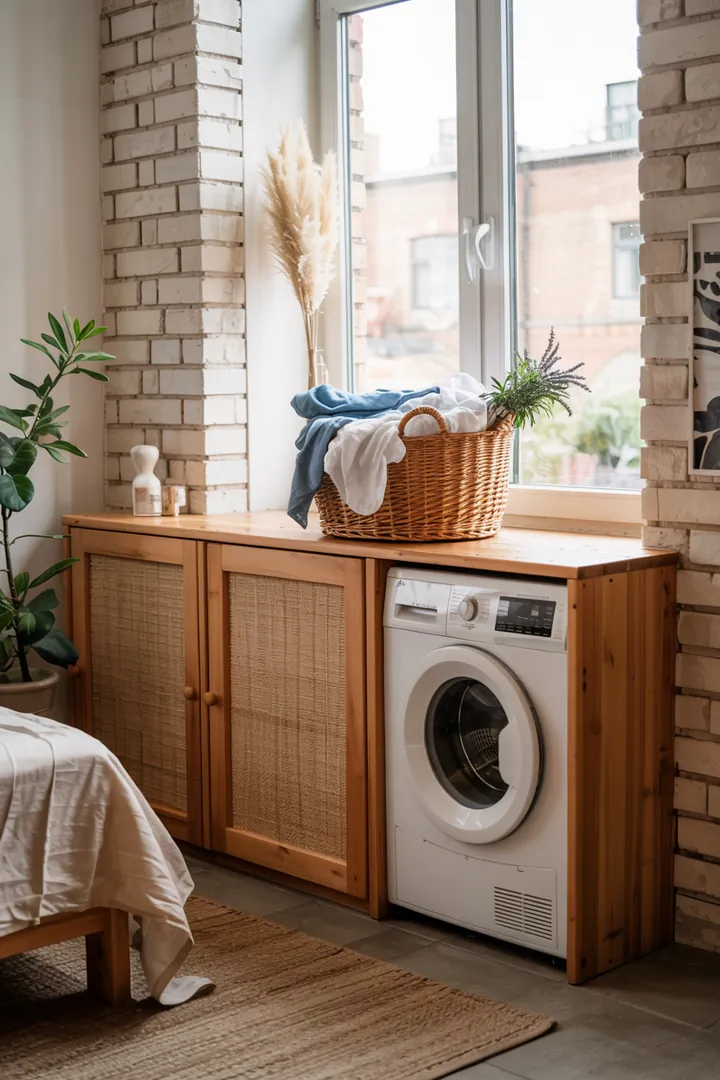 Modernes Haushaltsgerät-Design: Eine innovative Lösung, bei der ein Waschgerät und ein Trockengerät übereinander angeordnet sind, um Platz zu sparen und stilvoll zu integrieren.