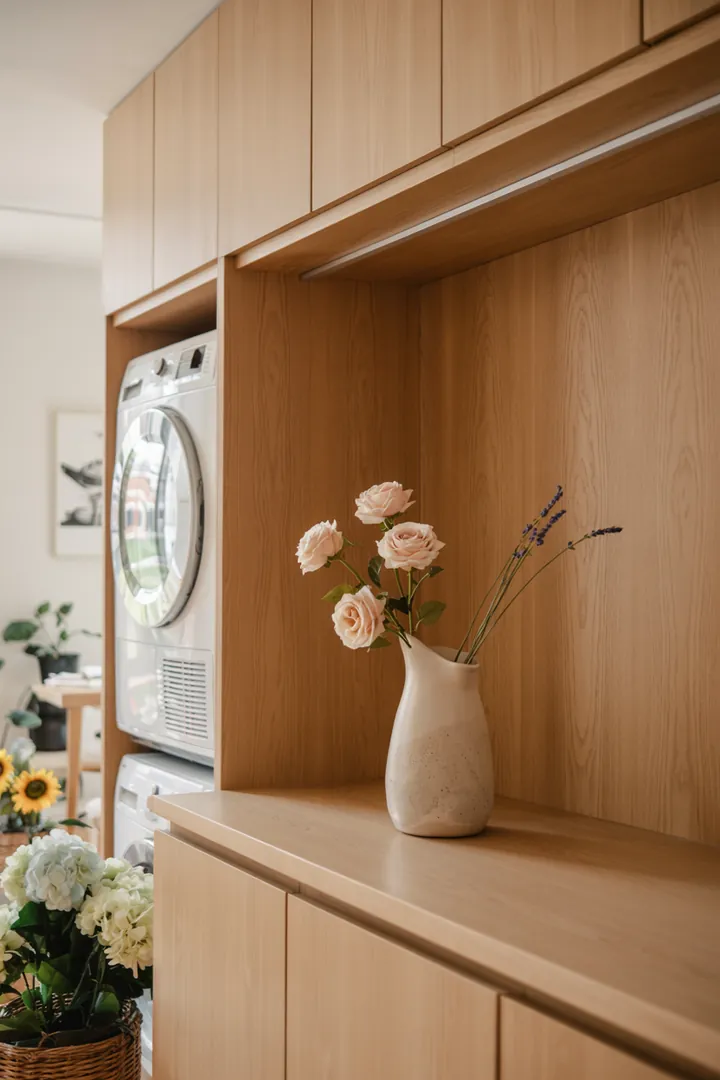 Ein elegantes Haushaltsgerät, das die Funktionen von Reinigung und Trocknung in einem kompakten, turmförmigen Design vereint, ideal für moderne Wohnräume.