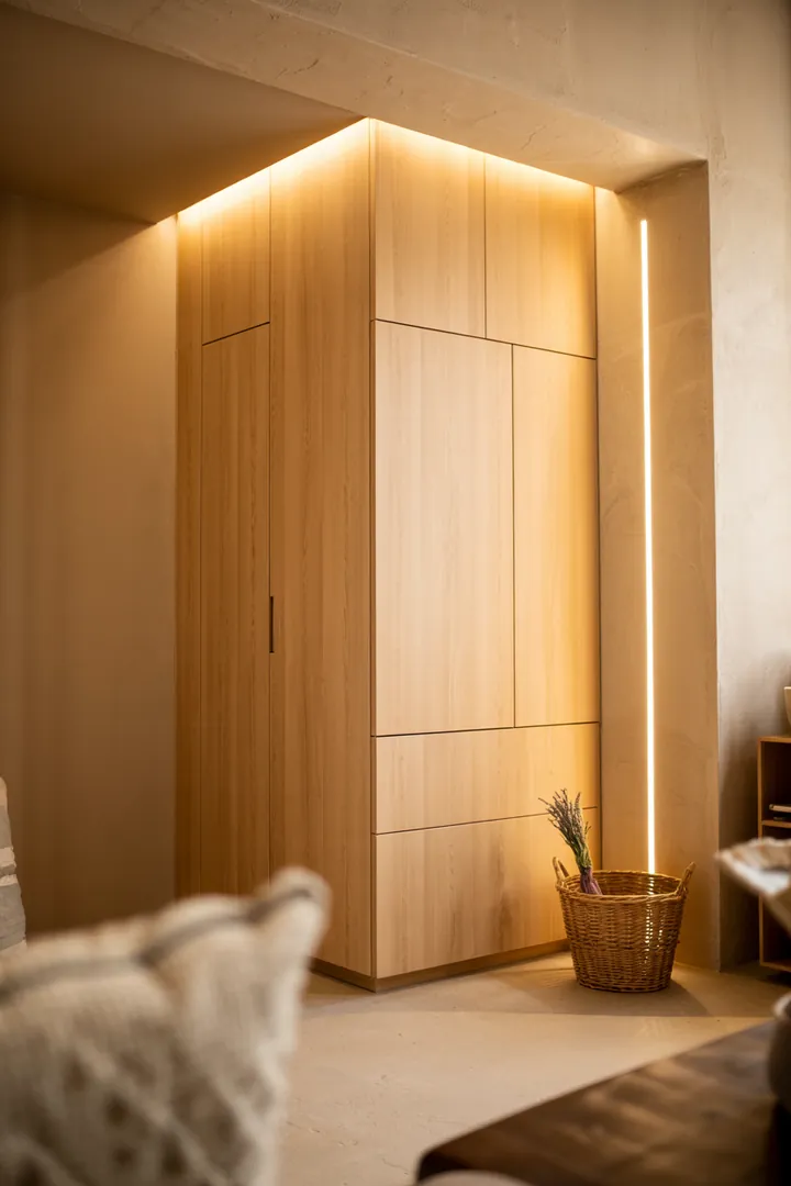 Praktische Lösung für kleine Räume: Ein stilvoller Möbel-Turm, der eine Waschmaschine und einen Trockner elegant integriert und Platz spart.