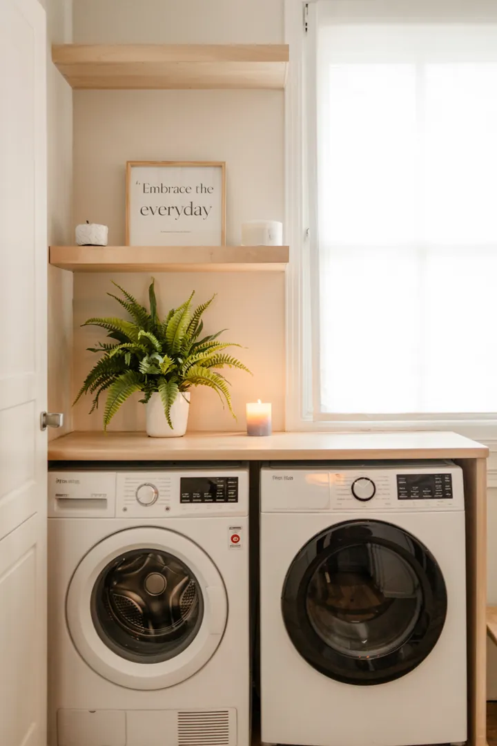 Ein stilvolles Zuhause mit einem cleveren Möbelstück, das eine Waschmaschine und einen Trockner in einem kompakten Turm vereint, optimal für kleine Räume.