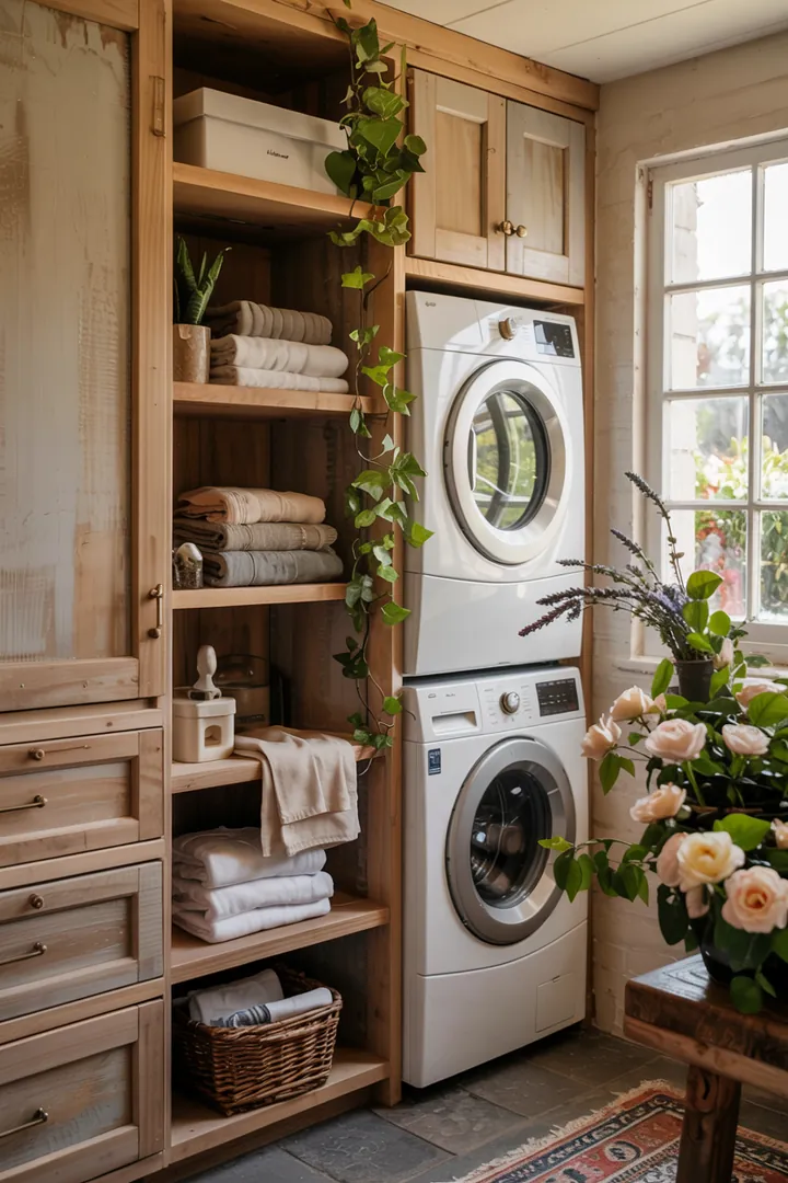 Ein elegantes Haushaltsgerät, das zwei Funktionen kombiniert: eine effiziente Wasch- und Trockeneinheit, die platzsparend aufeinander gestapelt ist.