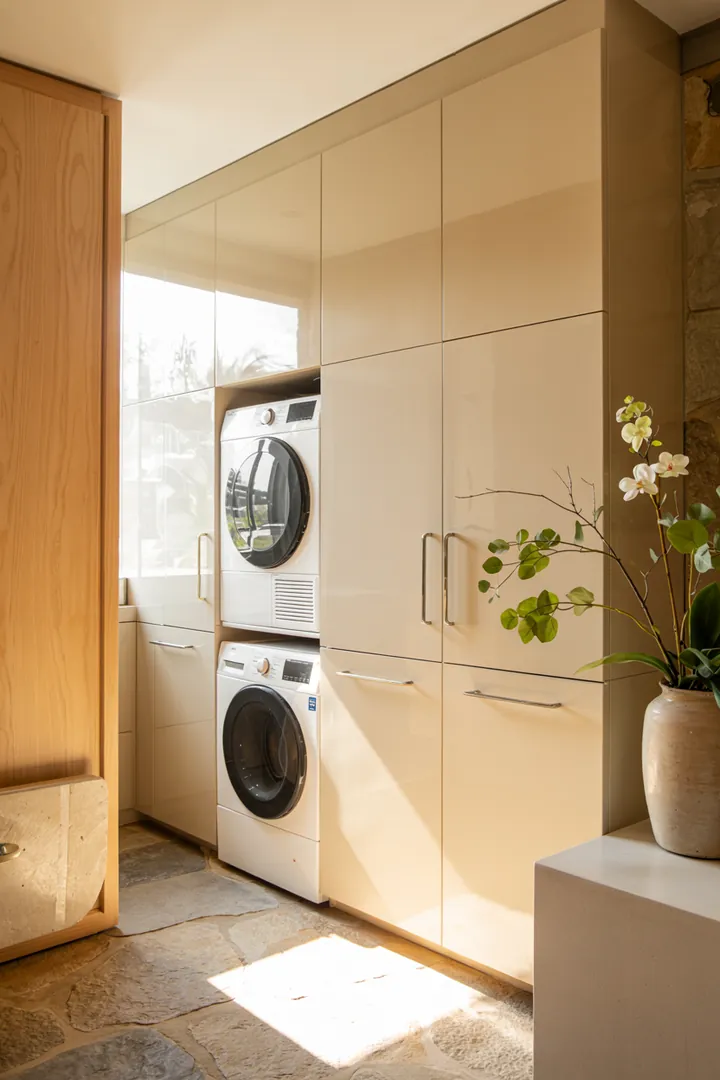 Ein eleganter Haushaltsbereich, in dem eine platzsparende Kombination aus Waschmaschine und Trockner geschickt gestapelt ist, um optimalen Raum zu nutzen.
