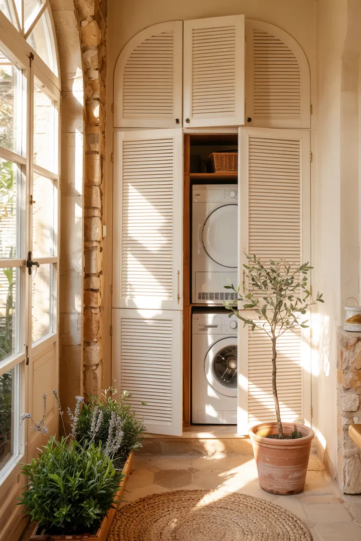 Ein stilvolles, platzsparendes Möbelstück, das eine moderne Waschmaschine und einen Trockner in eleganter Turmform integriert und optimal für kleine Räume geeignet ist.