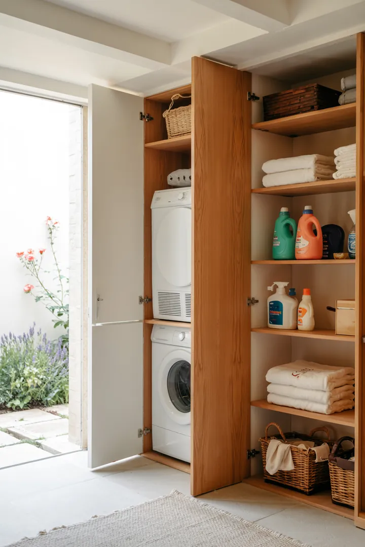 Moderne Haushaltsgeräte in einem eleganten Design, die platzsparend übereinander angeordnet sind, um Wasch- und Trockenfunktionen effizient zu kombinieren.