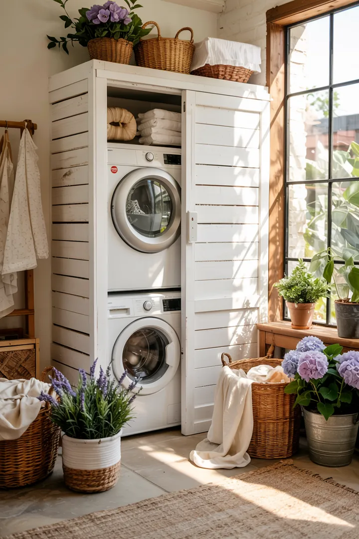 Ein elegantes, platzsparendes Design zeigt zwei Geräte, die nahtlos übereinander gestapelt sind, um Wäsche effizient zu reinigen und zu trocknen.