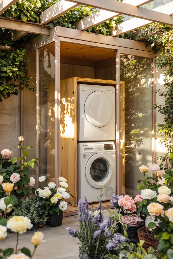 Ein elegantes Haushaltsgerät, das geschickt zwei Funktionen kombiniert und platzsparend in einem modernen Raum integriert ist. Ideal für effizientes Wäschemanagement.