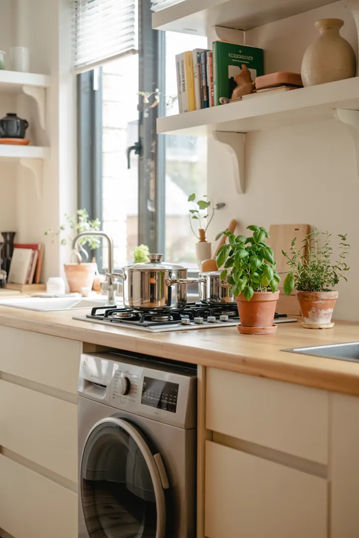 Eine elegante Küchenszene zeigt eine integrierte Lösung, bei der eine Waschmaschine dezent unter der Arbeitsfläche verborgen ist, um den Raum optimal zu nutzen.