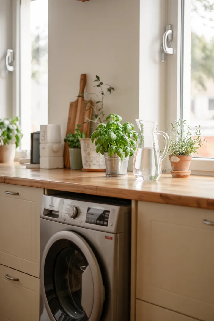 Eine elegante Kücheneinrichtung mit integrierter Reinigungstechnik, die nahtlos in die Arbeitsfläche integriert ist, um Platz zu sparen und Funktionalität zu maximieren.