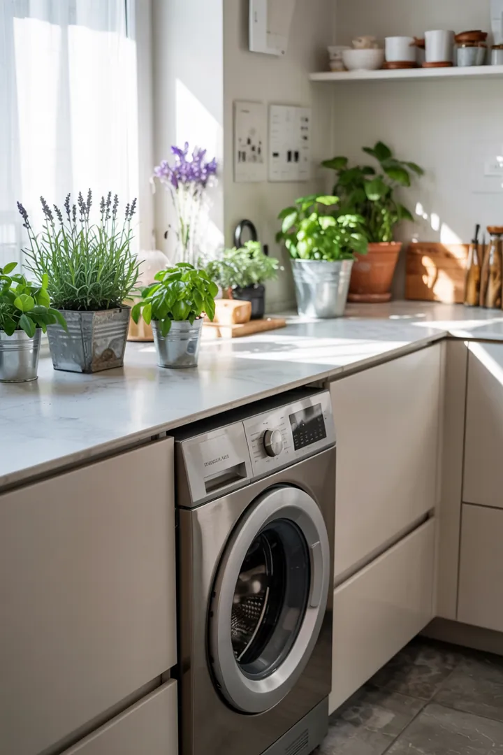 Bild einer modernen Kücheneinheit mit einer integrierten Waschmaschine, die elegant unter der Arbeitsfläche versteckt ist und somit Platz spart.