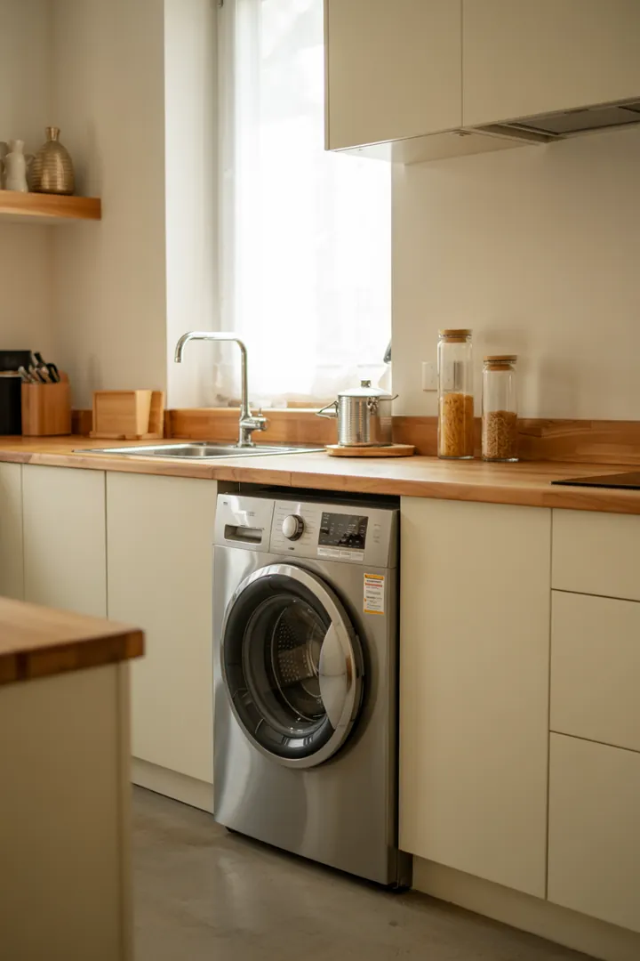 Ein platzsparendes Design, das eine effiziente Reinigungslösung bietet, indem es eine Waschmaschine harmonisch unter einer eleganten Arbeitsfläche integriert.