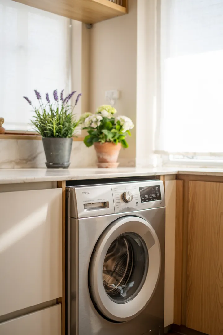 Eine elegante, platzsparende Lösung, die eine Haushaltsmaschine harmonisch in eine moderne Küchenlandschaft integriert.