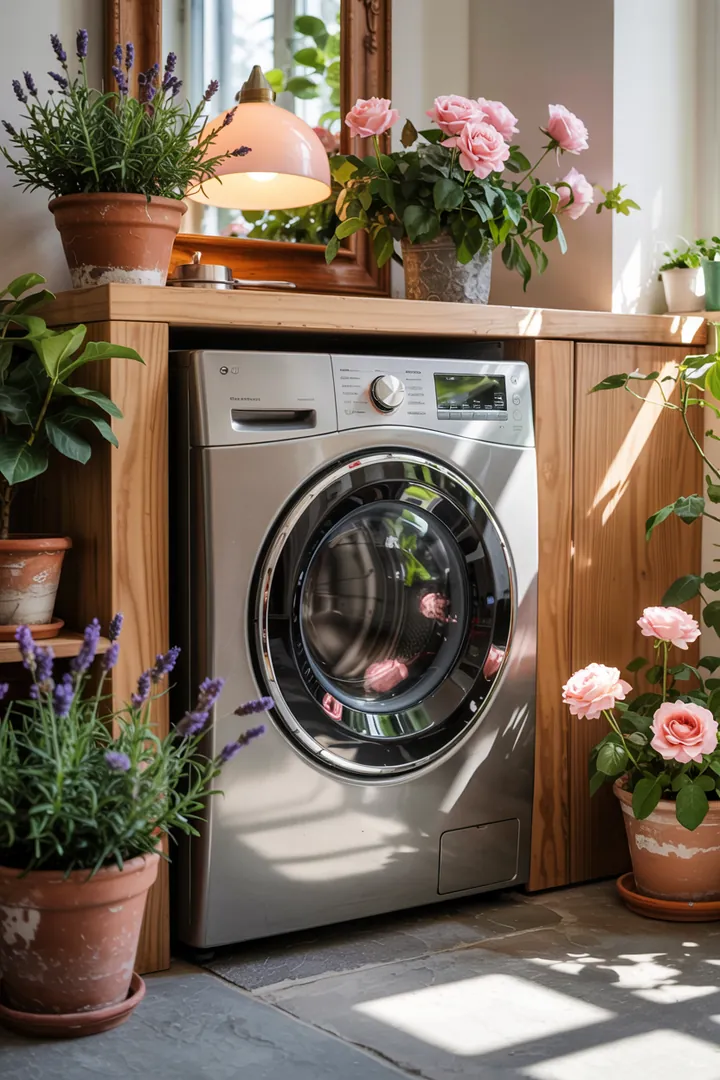 Eine stilvolle Einrichtungsidee zeigt, wie man das Haushaltsgerät optisch harmonisch in den Raum integriert, um eine ansprechende Atmosphäre zu schaffen. Ideal zum Verkleiden oder Verblenden einer Waschmaschine.