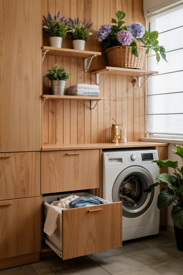 Ein stilvolles Interieur, in dem eine Haushaltsmaschine geschickt in die Gestaltung integriert ist, um eine harmonische Atmosphäre zu schaffen. Ideal zum Verkleiden und Verblenden von Geräten.