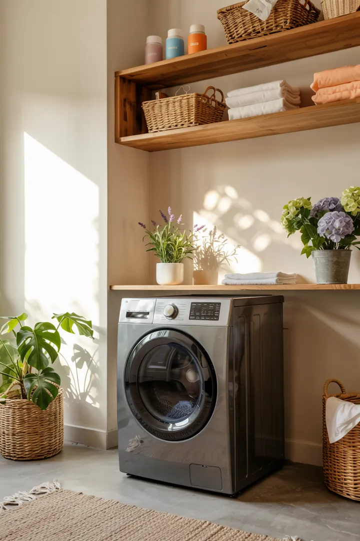 Ein stilvolles Zuhause mit kreativer Lösung, um Haushaltsgeräte diskret in die Einrichtung zu integrieren, während die Waschmaschine optisch verblendet wird.