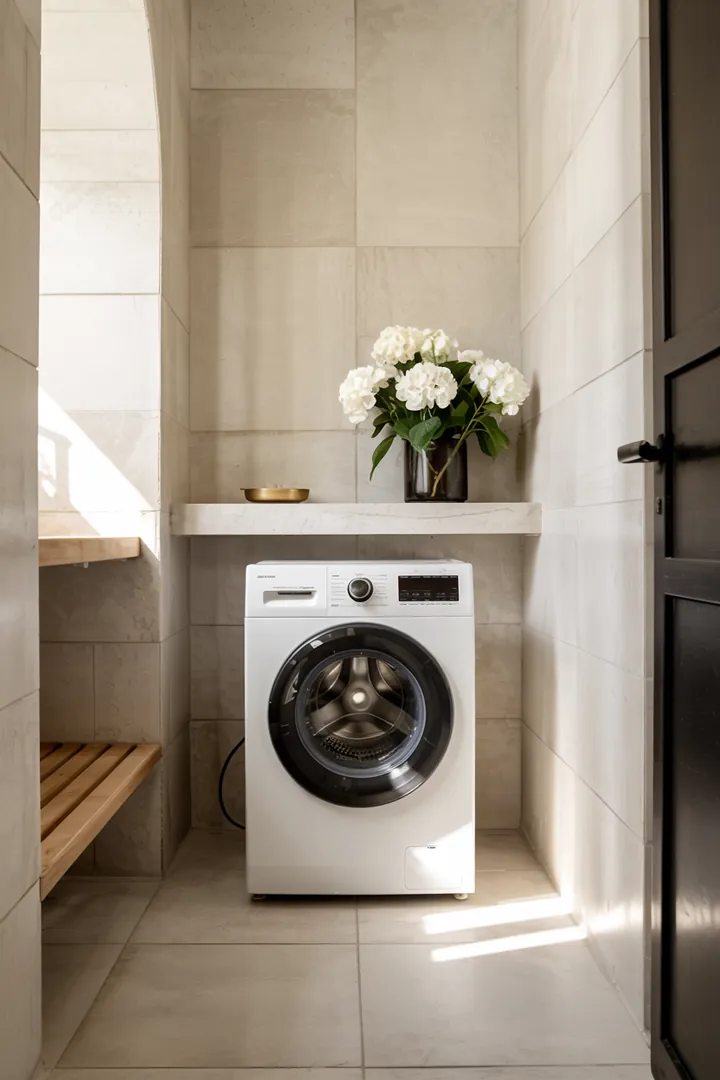 Ein stilvolles Wohnambiente, in dem eine moderne Haushaltsmaschine geschickt in die Raumgestaltung integriert ist, um den Blick zu täuschen und die Ästhetik zu verbessern.