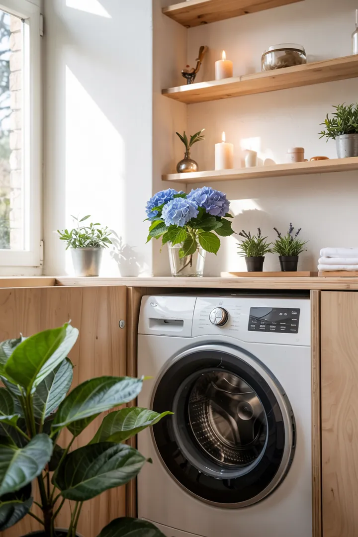 Ein stilvolles Zuhause mit kreativer Gestaltung, wo eine Haushaltsmaschine geschickt in die Einrichtung integriert wird, um einen harmonischen und einladenden Raum zu schaffen.