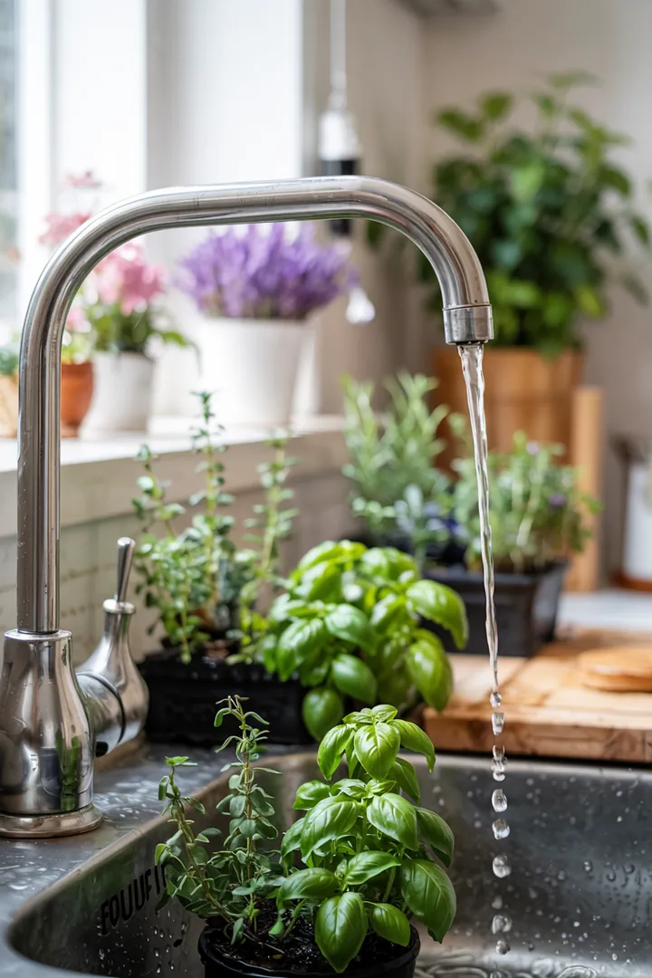 Ein eleganter Wasserhahn über einer modernen Küchenspüle, ausgestattet mit einem innovativen Filter für reines Trinkwasser.