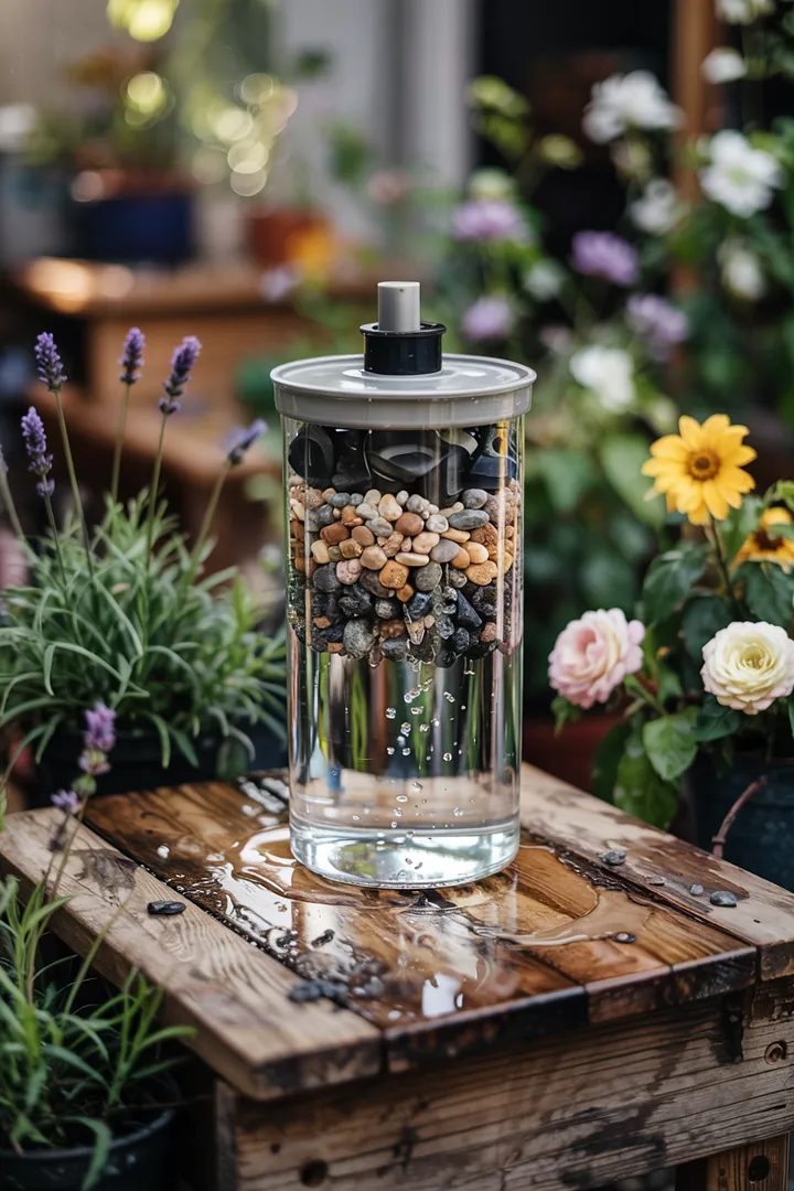 Ein interaktives Experimentier-Setup, das Kindern spielerisch zeigt, wie Wasseraufbereitung funktioniert, fördert das Lernen in kreativen Umgebungen.