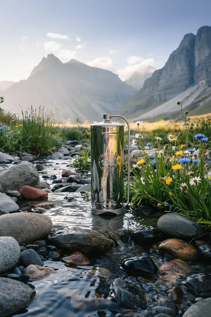 Ein abenteuerlicher Naturausflug mit essentieller Ausrüstung für das Überleben und der wichtigen Wasserquelle aus der Umgebung.