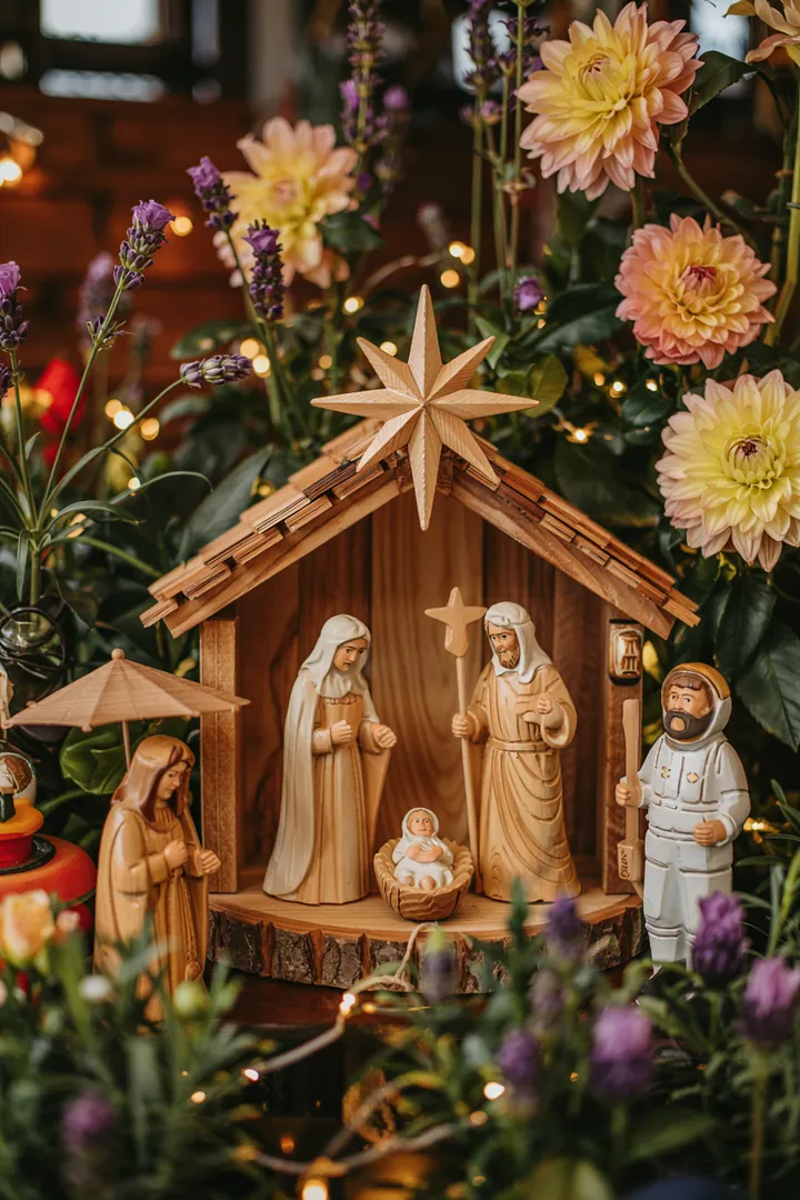 Detailreiche Darstellung einer handgefertigten Weihnachtskrippe mit sanfter Beleuchtung, die das Königskind in der Weihnachtsgeschichte präsentiert.