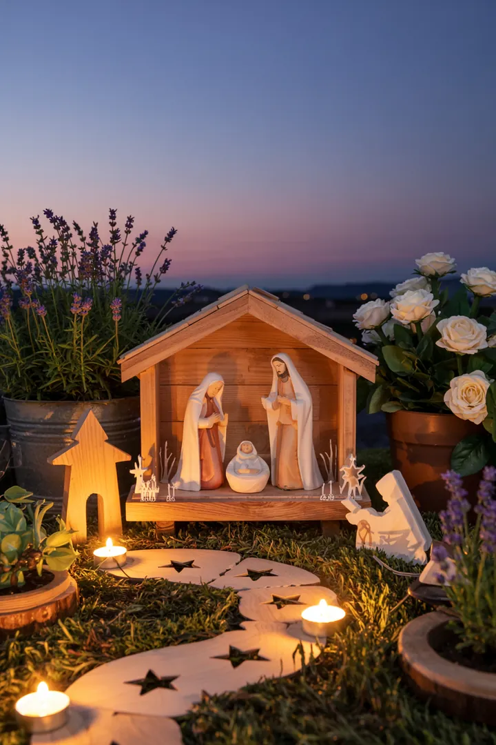 Ein kunstvoll gestaltetes Weihnachtsdorf mit einer selbstgebauten Krippe, die das Königskind in warmem Licht erstrahlen lässt und die Weihnachtsgeschichte lebendig werden lässt.