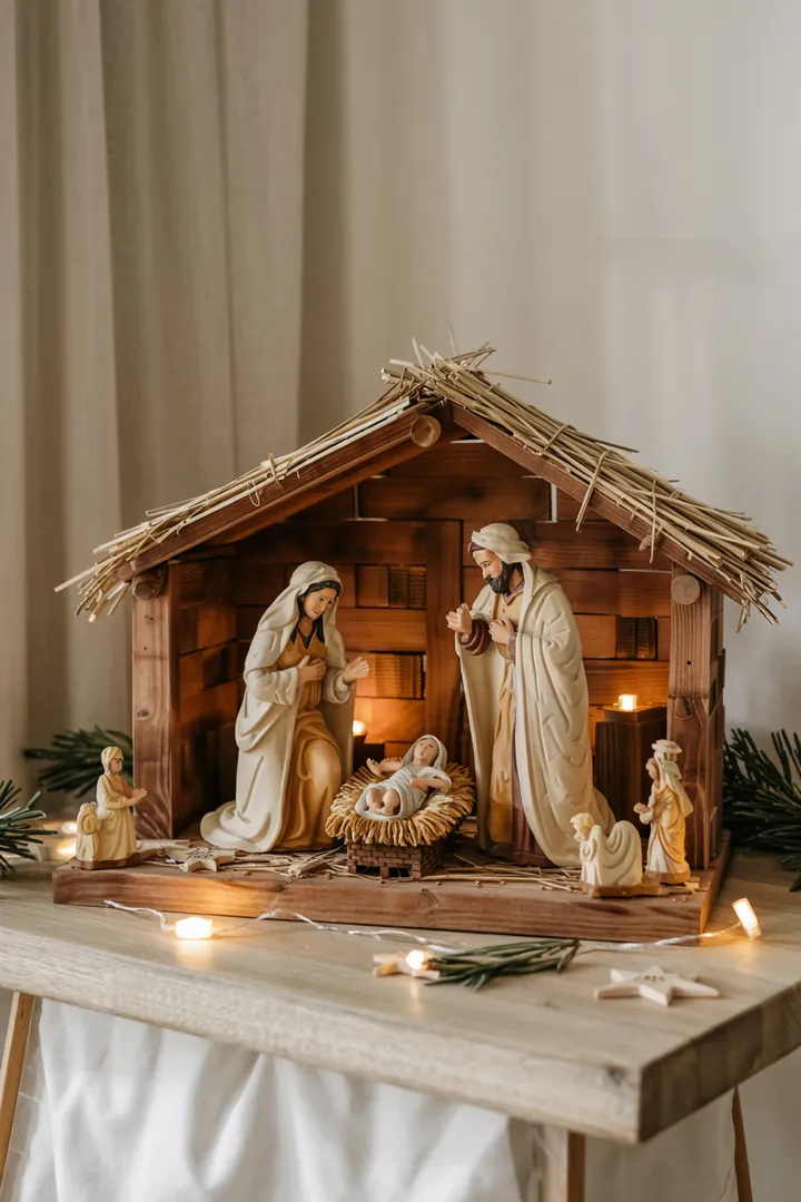 Eine liebevoll gestaltete Krippe mit sanfter Beleuchtung, die die Geburt des Königskindes in der Weihnachtsgeschichte darstellt.