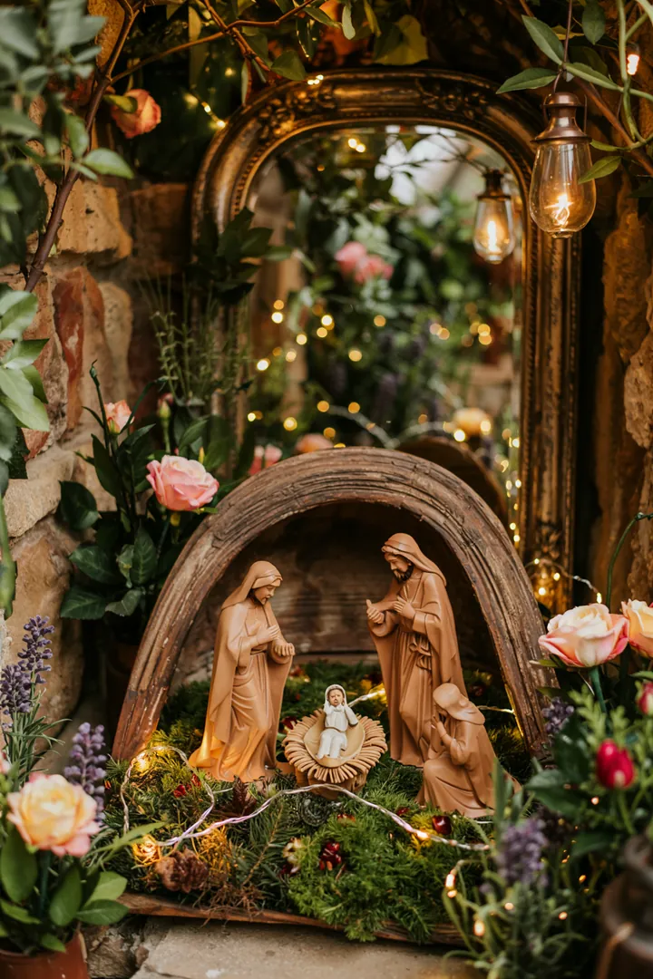 Ein liebevoll gestaltetes Modell einer Krippe mit sanfter Beleuchtung, das die Geburt des Königskindes in der Weihnachtsgeschichte darstellt.