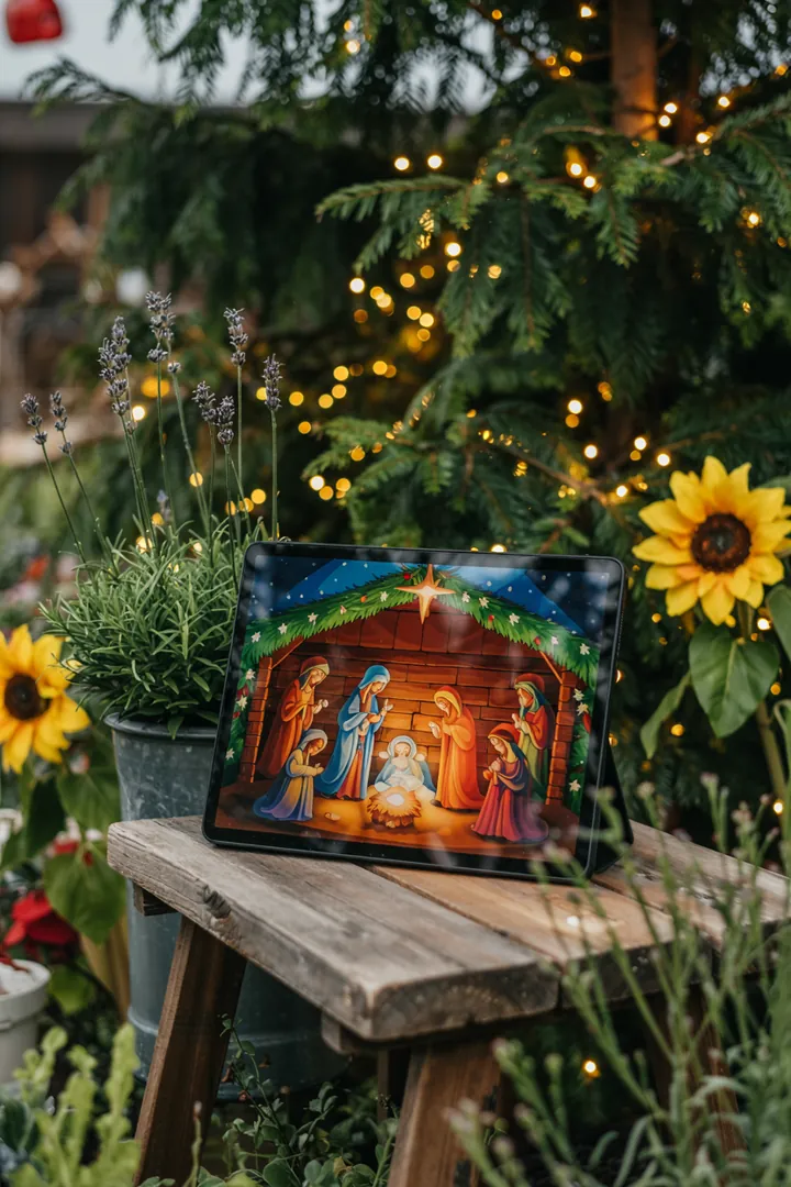 Ein kunstvoll gestaltetes Weihnachtsdisplay mit einer handgefertigten Krippe, die sanft beleuchtet ist und die Szene des Königskindes aus der Weihnachtsgeschichte darstellt.