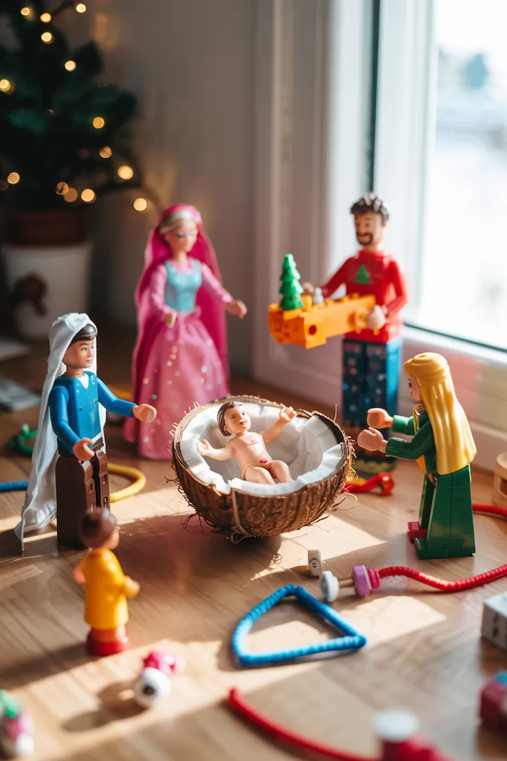 Detailreiche, handgefertigte Weihnachtsdarstellung mit sanfter Beleuchtung, die das Königskind in einer stimmungsvollen Szenerie der Weihnachtsgeschichte zeigt.