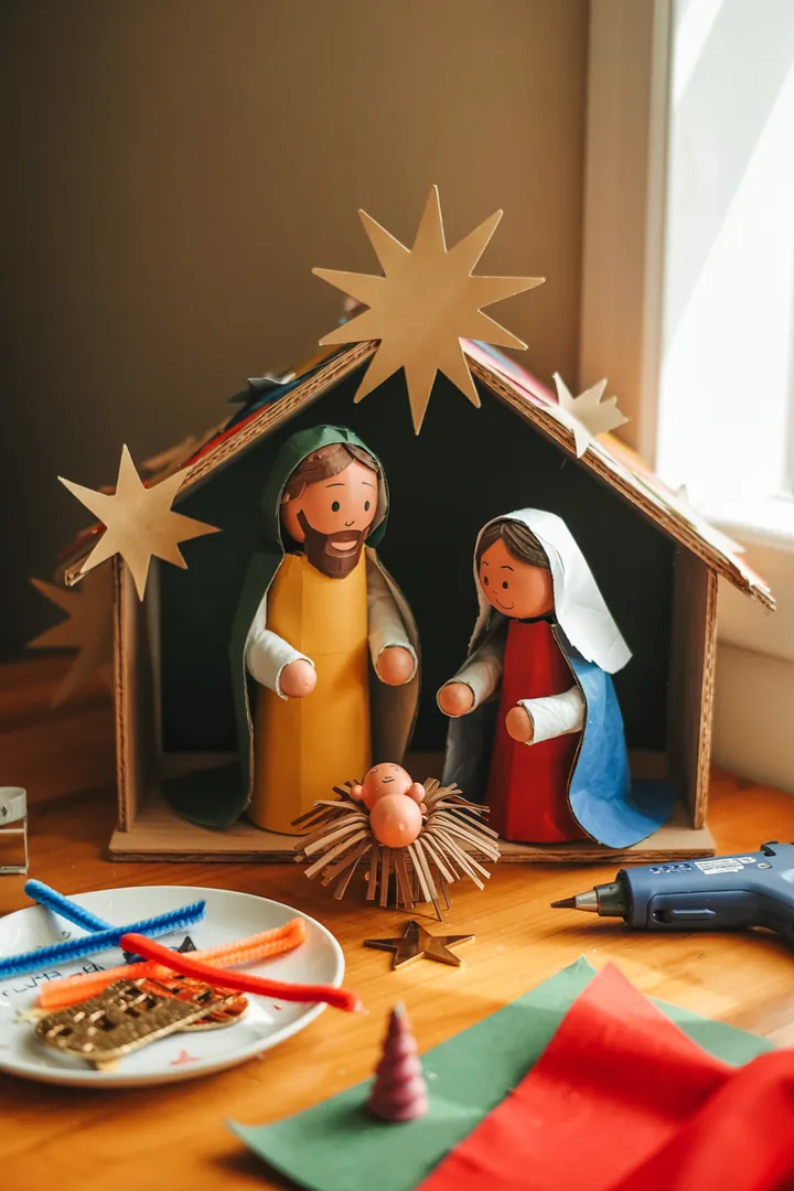 Ein kunstvoll gestaltetes Modell einer Weihnachtskrippe mit sanfter Beleuchtung, das die Geburt des Königskinds in der Weihnachtsgeschichte darstellt.