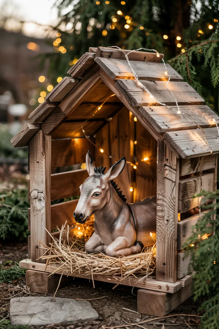 Eine liebevoll gestaltete Weihnachtsdarstellung mit einer einzigartigen Krippe, sanft beleuchtet, die das Königskind in einer festlichen Szene zeigt.